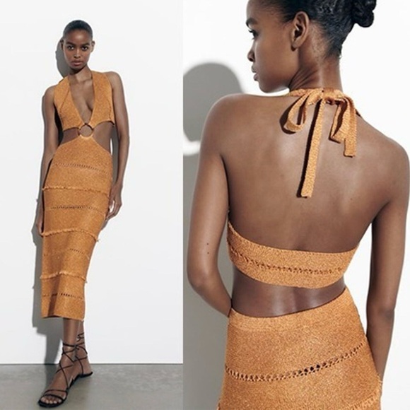 Zara Ochre Crochet Halter Maxi Dress with Ring Cutout - Picture 2 of 2